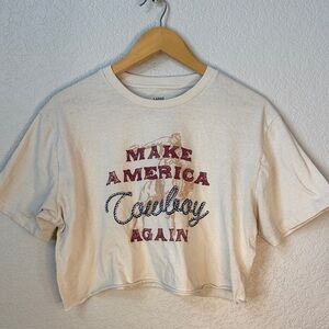 Make America Cowboy Again T-Shirt Cropped Tan Red size Large